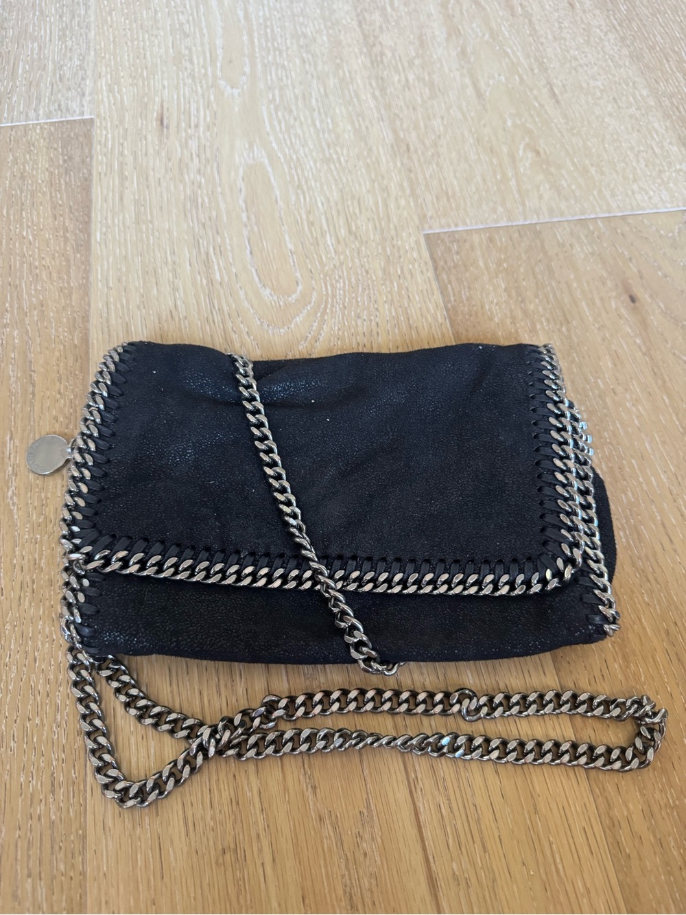 Stella McCartney Black Fold-Over Crossbody with Silver Chain Trim